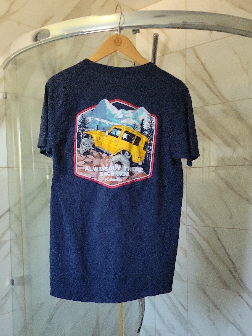 Columbia Navy Short Sleeve Tee with Yellow Jeep Graphic
